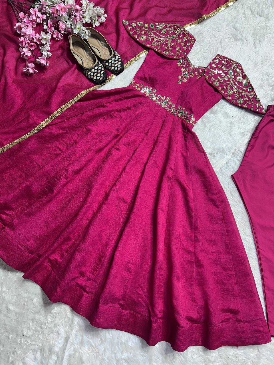 YNF FAUX GEORGETTE KESH143 440 GOWNS WHOLESALE WEDDING EMBROIDERY ANARKALI SILK PINK GOWNS MANUFACTURER- Kapda Export