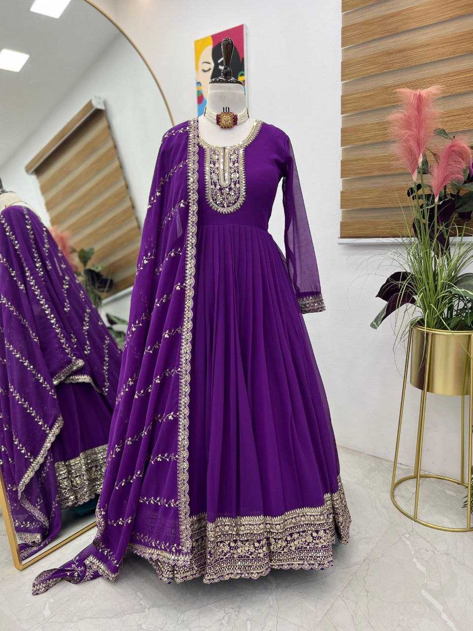 YNF FAUX GEORGETTE KESH158 5046 GOWNS WHOLESALE WEDDING EMBROIDERY PURPLE GEORGETTE GOWNS MANUFACTURER- Kapda Export