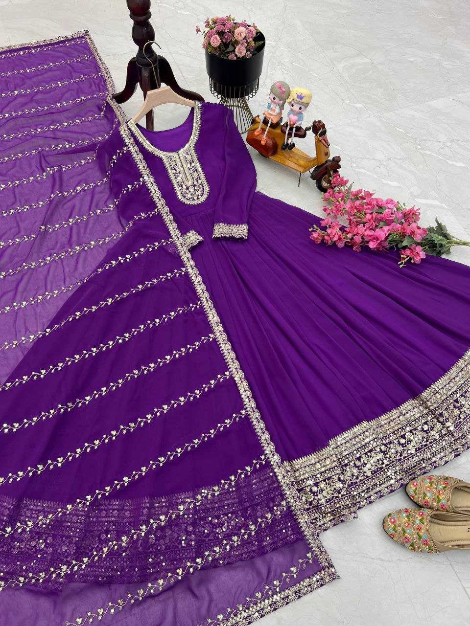 YNF FAUX GEORGETTE KESH158 5046 GOWNS WHOLESALE WEDDING EMBROIDERY PURPLE GEORGETTE GOWNS MANUFACTURER- Kapda Export