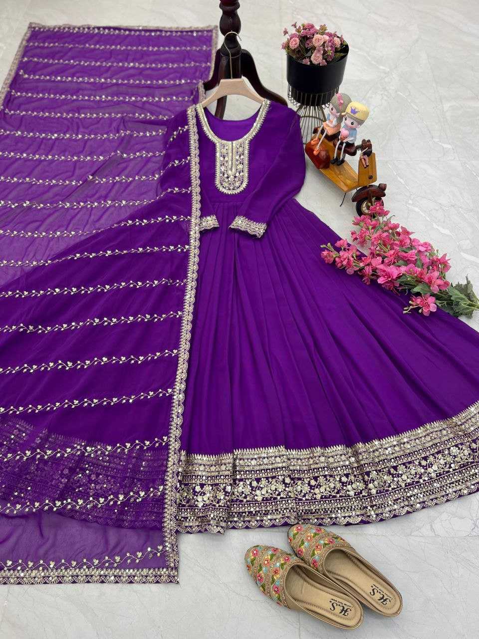 YNF FAUX GEORGETTE KESH158 5046 GOWNS WHOLESALE WEDDING EMBROIDERY PURPLE GEORGETTE GOWNS MANUFACTURER- Kapda Export