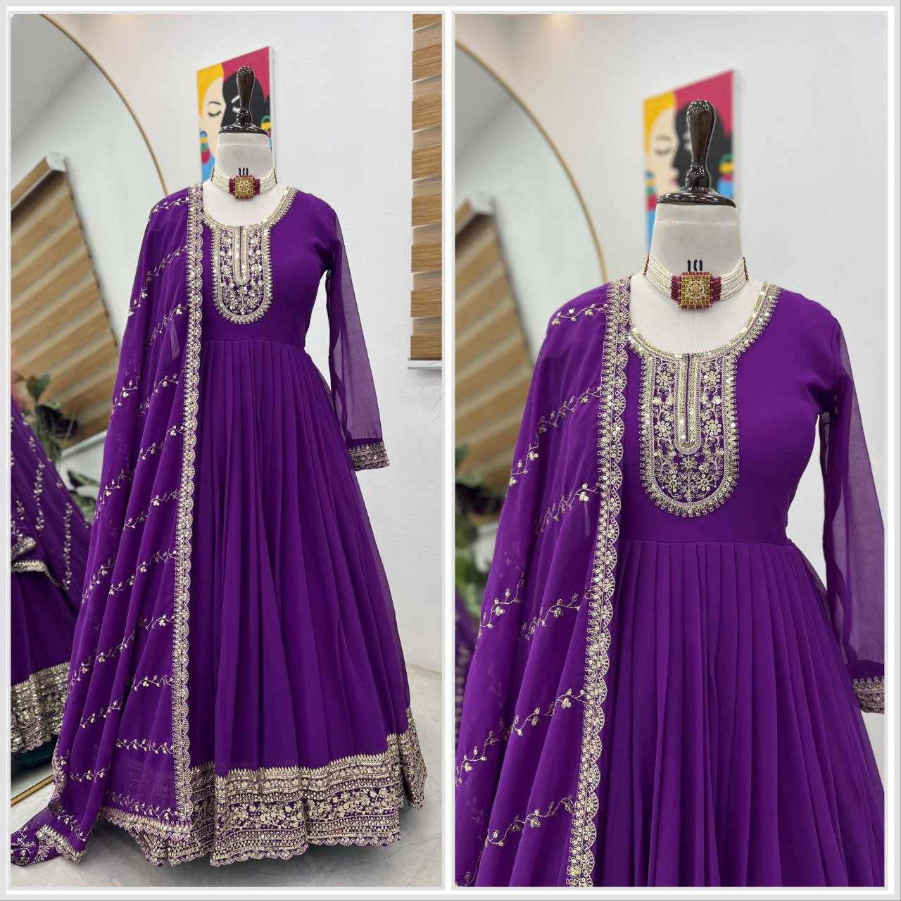 YNF FAUX GEORGETTE KESH158 5046 GOWNS WHOLESALE WEDDING EMBROIDERY PURPLE GEORGETTE GOWNS MANUFACTURER- Kapda Export