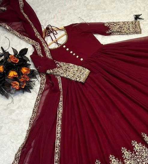 YNF FAUX GEORGETTE KESH158 6001 GOWNS WHOLESALE GEORGETTE EMBROIDERY ANARAKLI MAROON GOWNS MANUFACTURER- Kapda Export