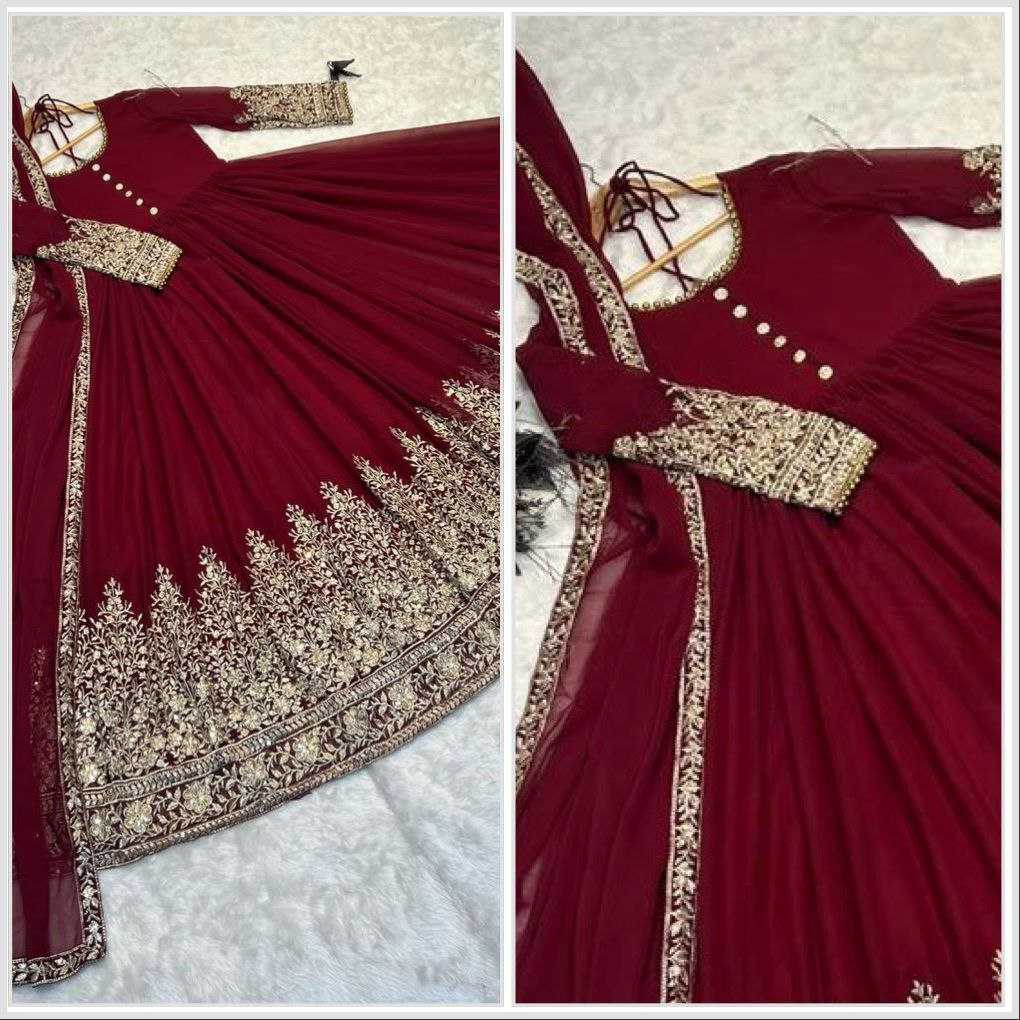 YNF FAUX GEORGETTE KESH158 6001 GOWNS WHOLESALE GEORGETTE EMBROIDERY ANARAKLI MAROON GOWNS MANUFACTURER- Kapda Export