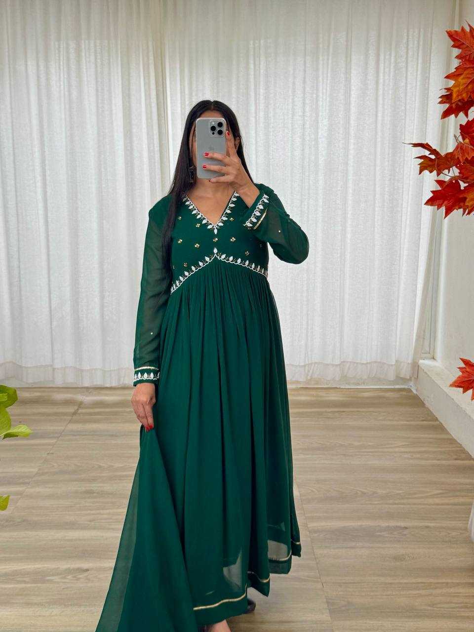 YNF FAUX GEORGETTE KESH240 409 GOWNS WHOLESALE GREEN ANARAKLI FULL SLEEVE WEDDING GEORGETTE GOWNS MANUFACTURER- Kapda Export