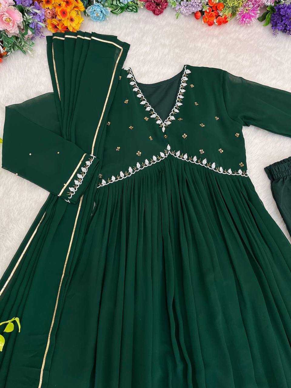 YNF FAUX GEORGETTE KESH240 409 GOWNS WHOLESALE GREEN ANARAKLI FULL SLEEVE WEDDING GEORGETTE GOWNS MANUFACTURER- Kapda Export