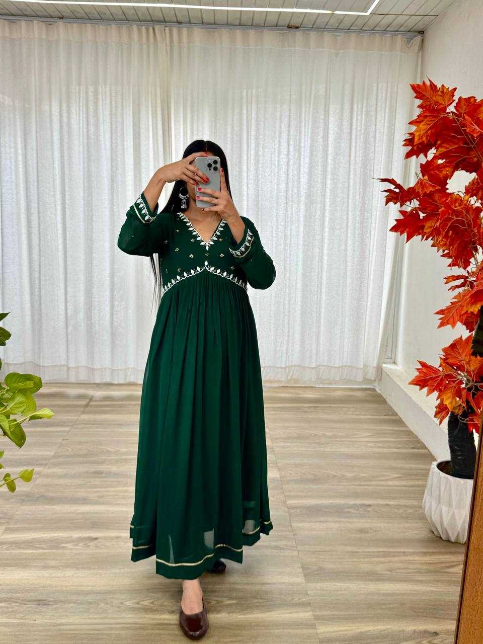 YNF FAUX GEORGETTE KESH240 409 GOWNS WHOLESALE GREEN ANARAKLI FULL SLEEVE WEDDING GEORGETTE GOWNS MANUFACTURER- Kapda Export