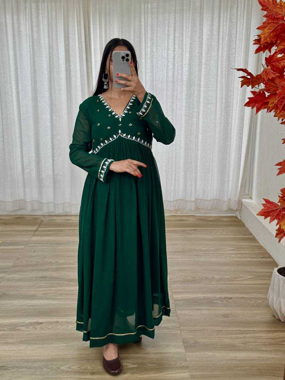 YNF FAUX GEORGETTE KESH240 409 GOWNS WHOLESALE GREEN ANARAKLI FULL SLEEVE WEDDING GEORGETTE GOWNS MANUFACTURER- Kapda Export