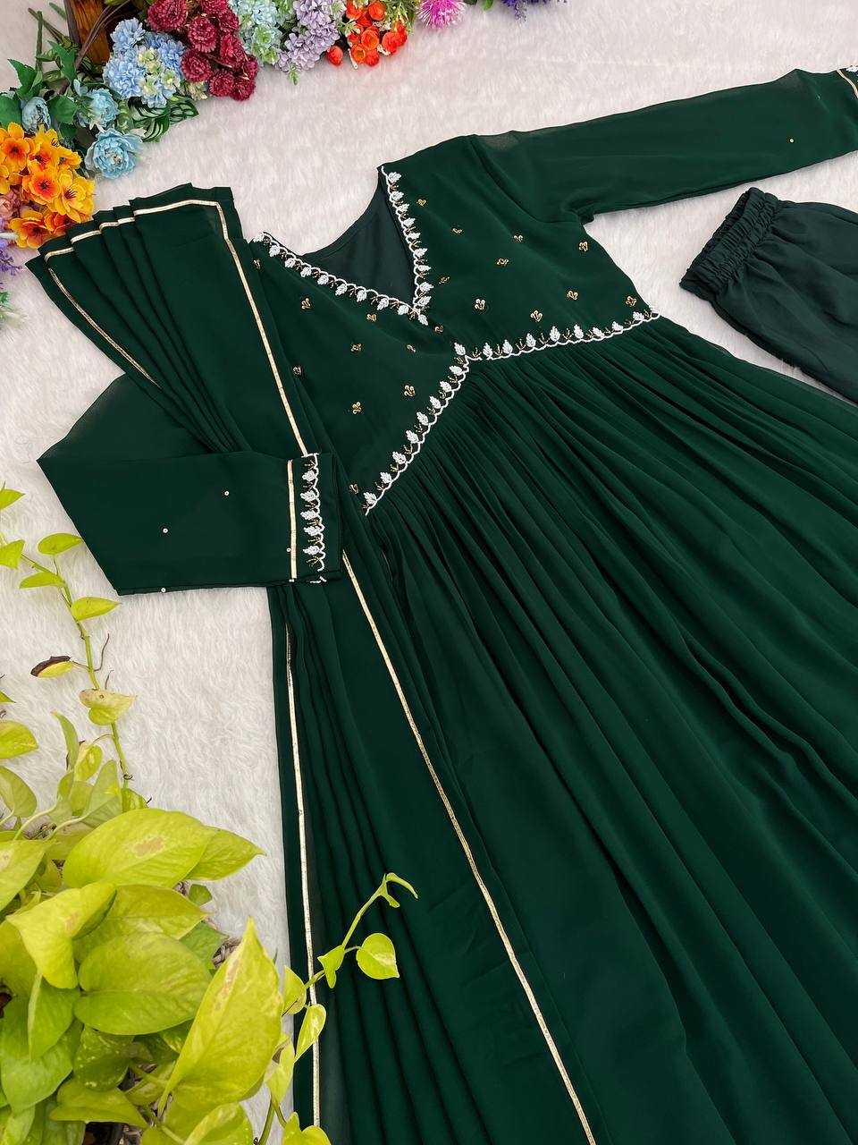 YNF FAUX GEORGETTE KESH240 409 GOWNS WHOLESALE GREEN ANARAKLI FULL SLEEVE WEDDING GEORGETTE GOWNS MANUFACTURER- Kapda Export