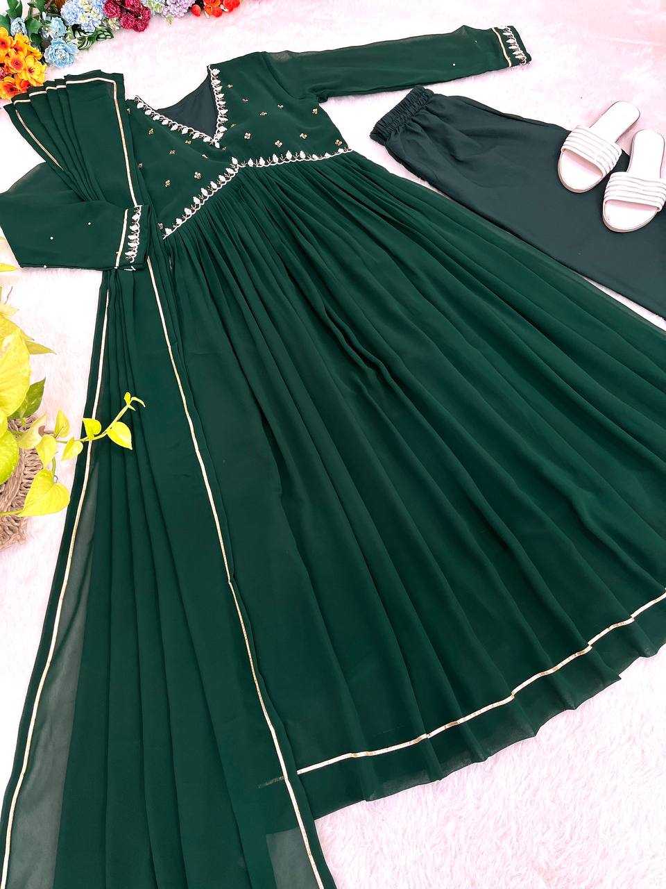 YNF FAUX GEORGETTE KESH240 409 GOWNS WHOLESALE GREEN ANARAKLI FULL SLEEVE WEDDING GEORGETTE GOWNS MANUFACTURER- Kapda Export