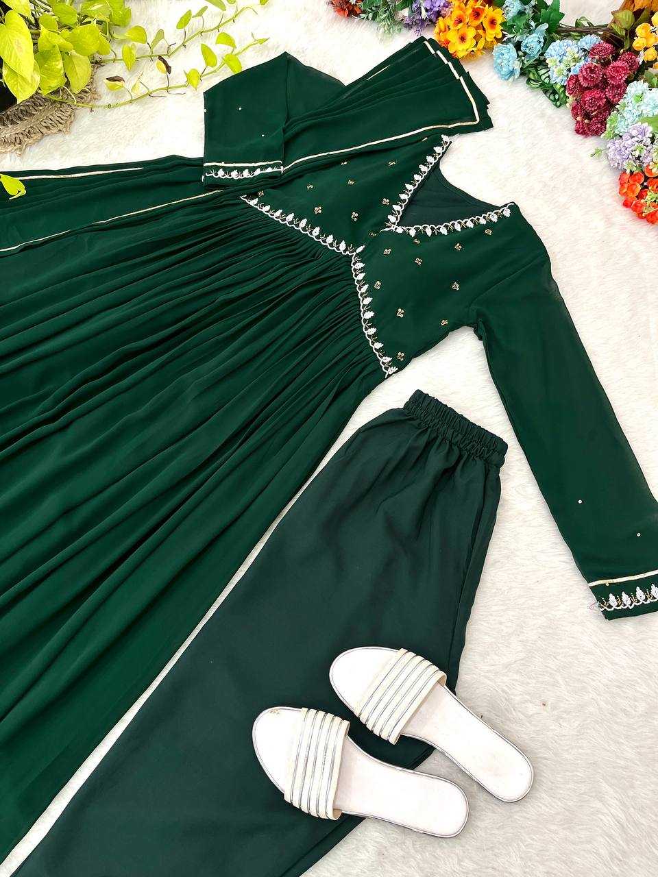 YNF FAUX GEORGETTE KESH240 409 GOWNS WHOLESALE GREEN ANARAKLI FULL SLEEVE WEDDING GEORGETTE GOWNS MANUFACTURER- Kapda Export