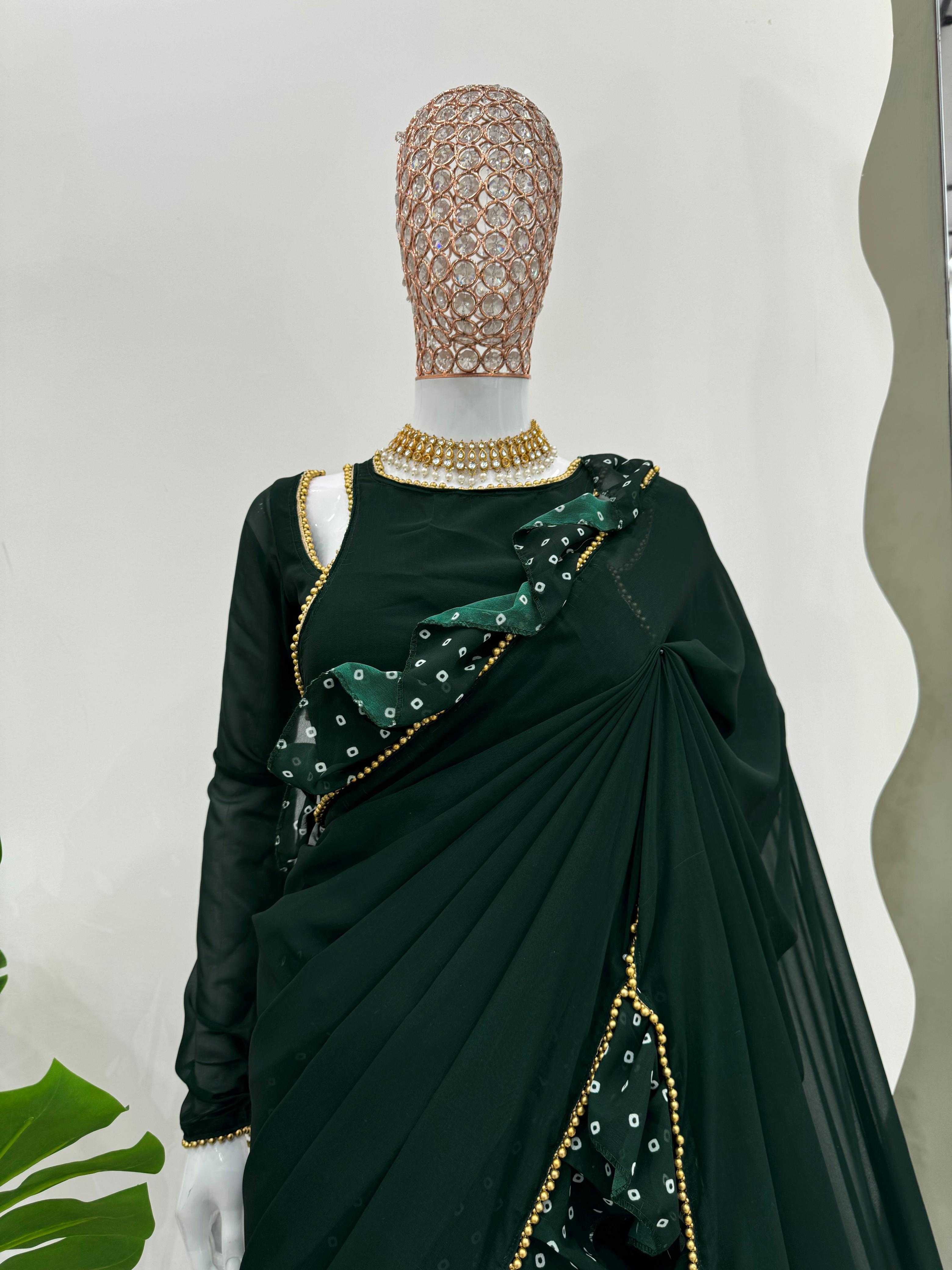 YNF FAUX GEORGETTE RIN133 520 SAREES WHOLESALE GEORGETTE PRINTED RUFFLE GREEN SAREES MANUFACTURER- Kapda Export