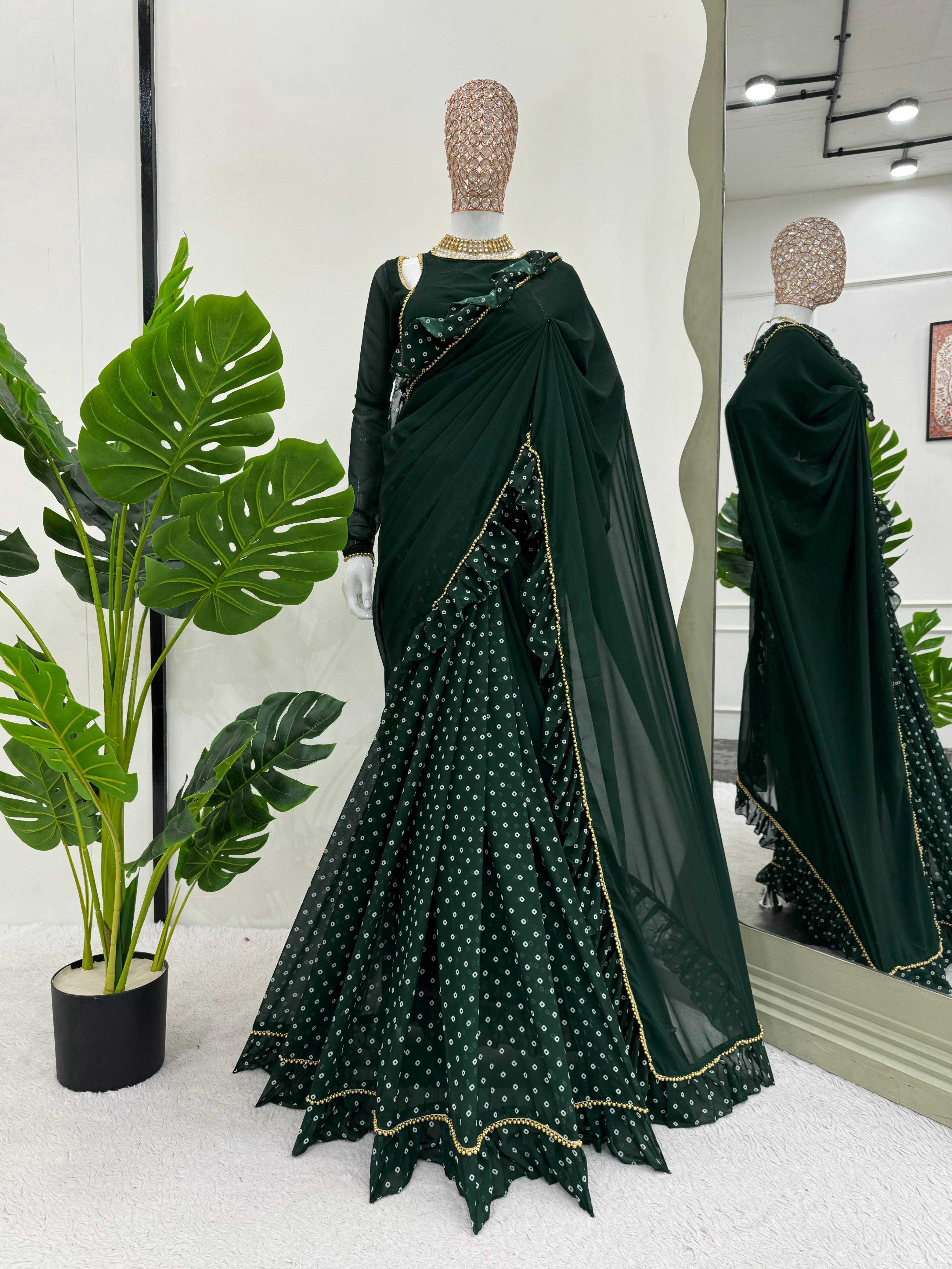 YNF FAUX GEORGETTE RIN133 520 SAREES WHOLESALE GEORGETTE PRINTED RUFFLE GREEN SAREES MANUFACTURER- Kapda Export