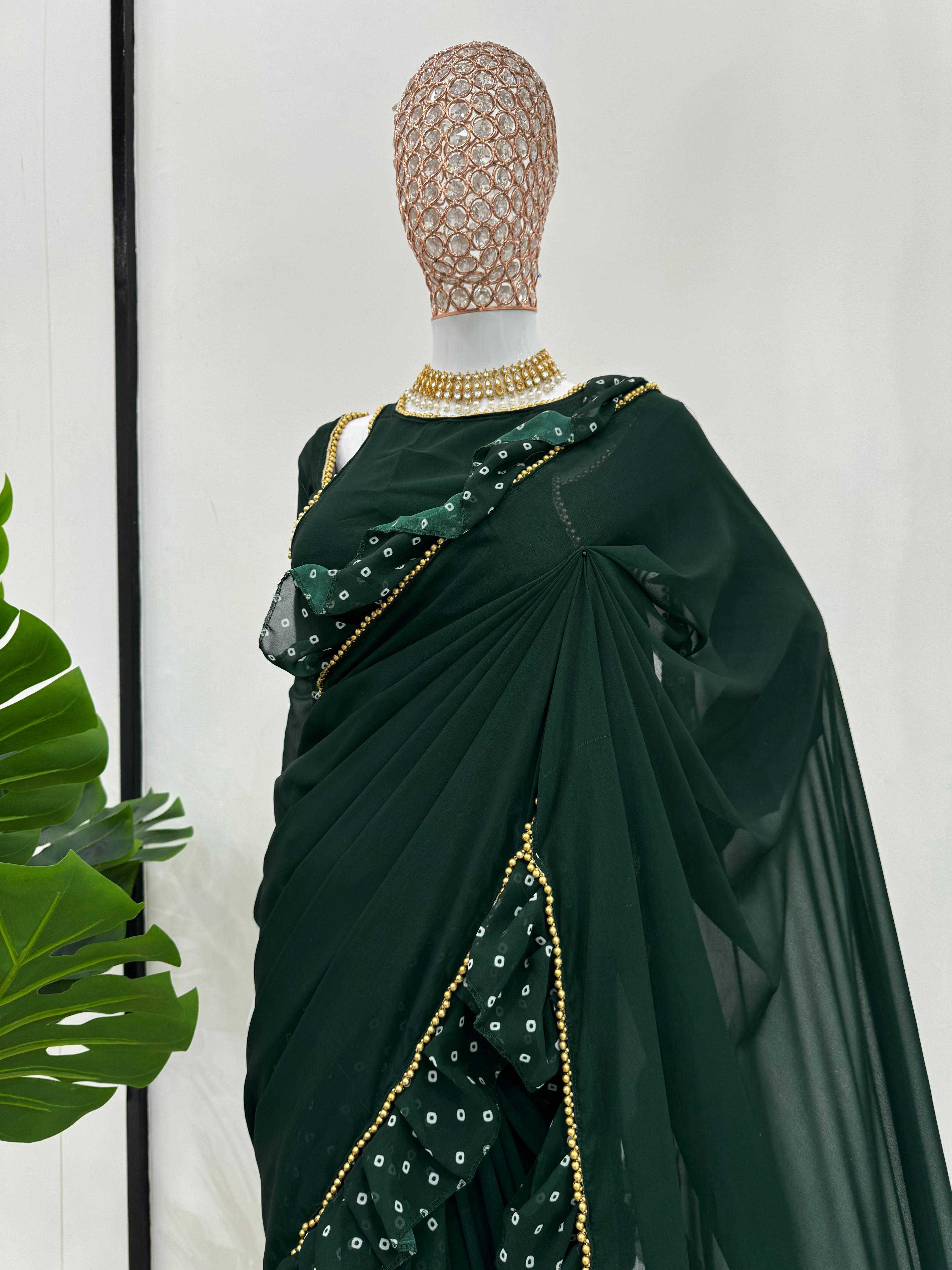 YNF FAUX GEORGETTE RIN133 520 SAREES WHOLESALE GEORGETTE PRINTED RUFFLE GREEN SAREES MANUFACTURER- Kapda Export