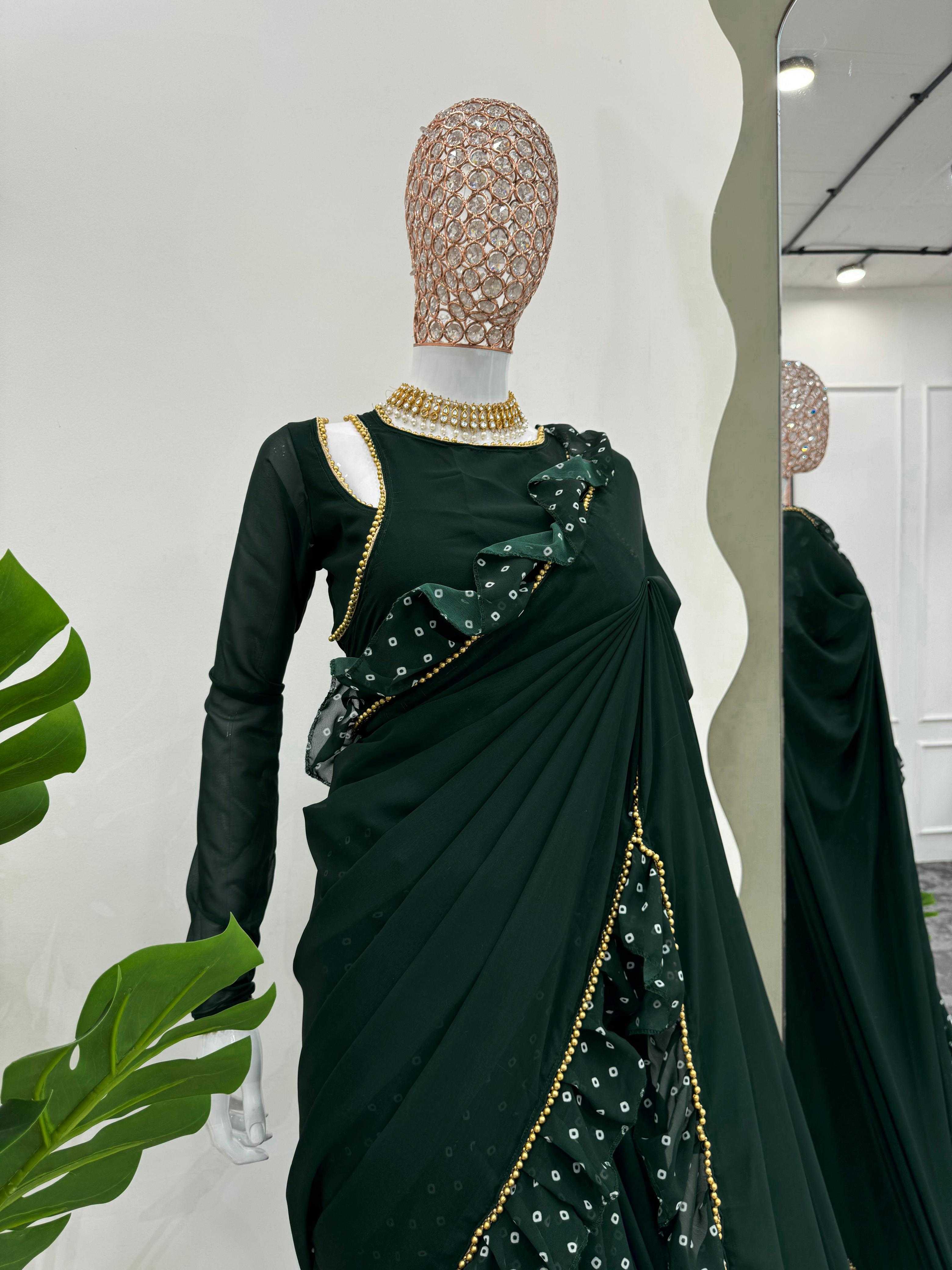 YNF FAUX GEORGETTE RIN133 520 SAREES WHOLESALE GEORGETTE PRINTED RUFFLE GREEN SAREES MANUFACTURER- Kapda Export