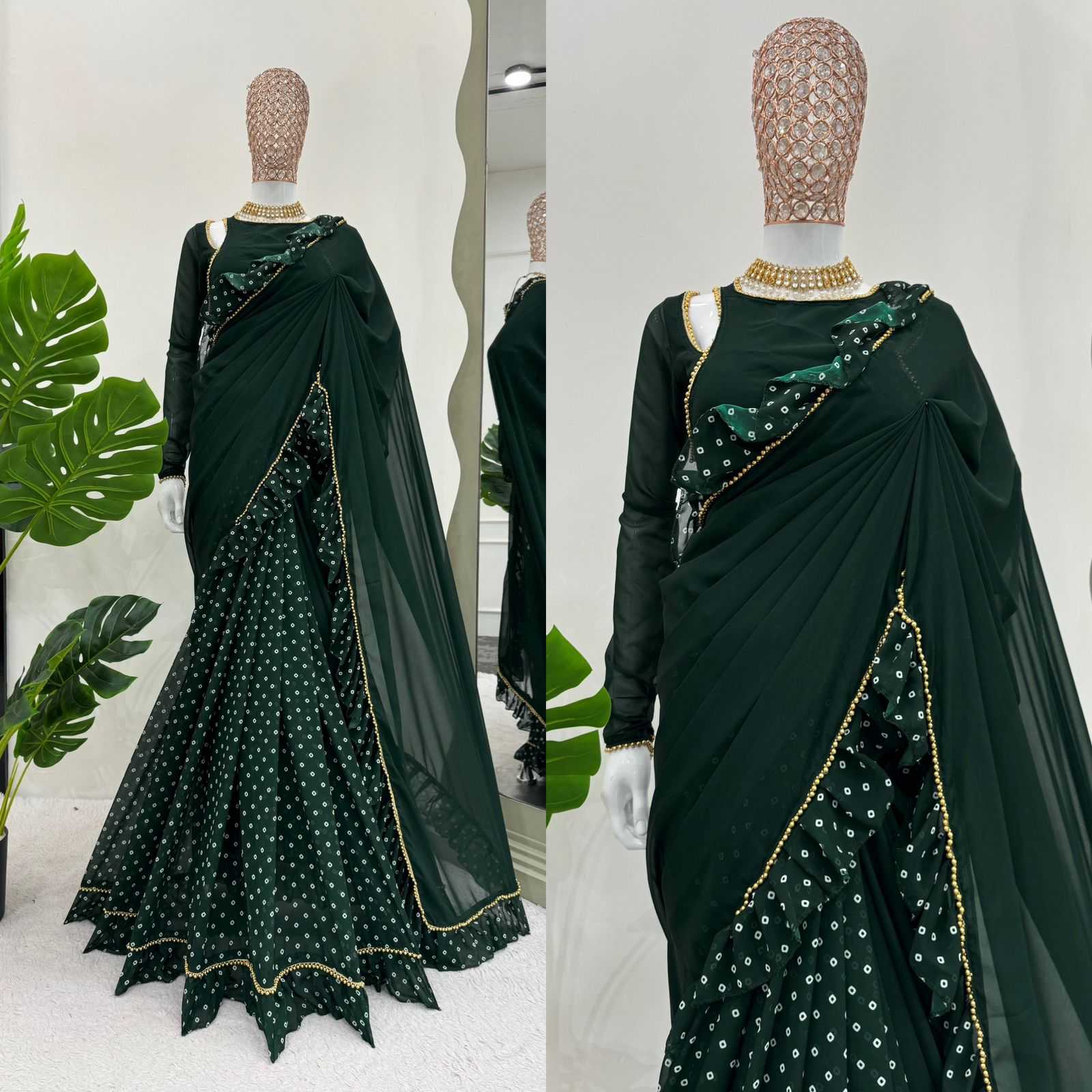 YNF FAUX GEORGETTE RIN133 520 SAREES WHOLESALE GEORGETTE PRINTED RUFFLE GREEN SAREES MANUFACTURER- Kapda Export