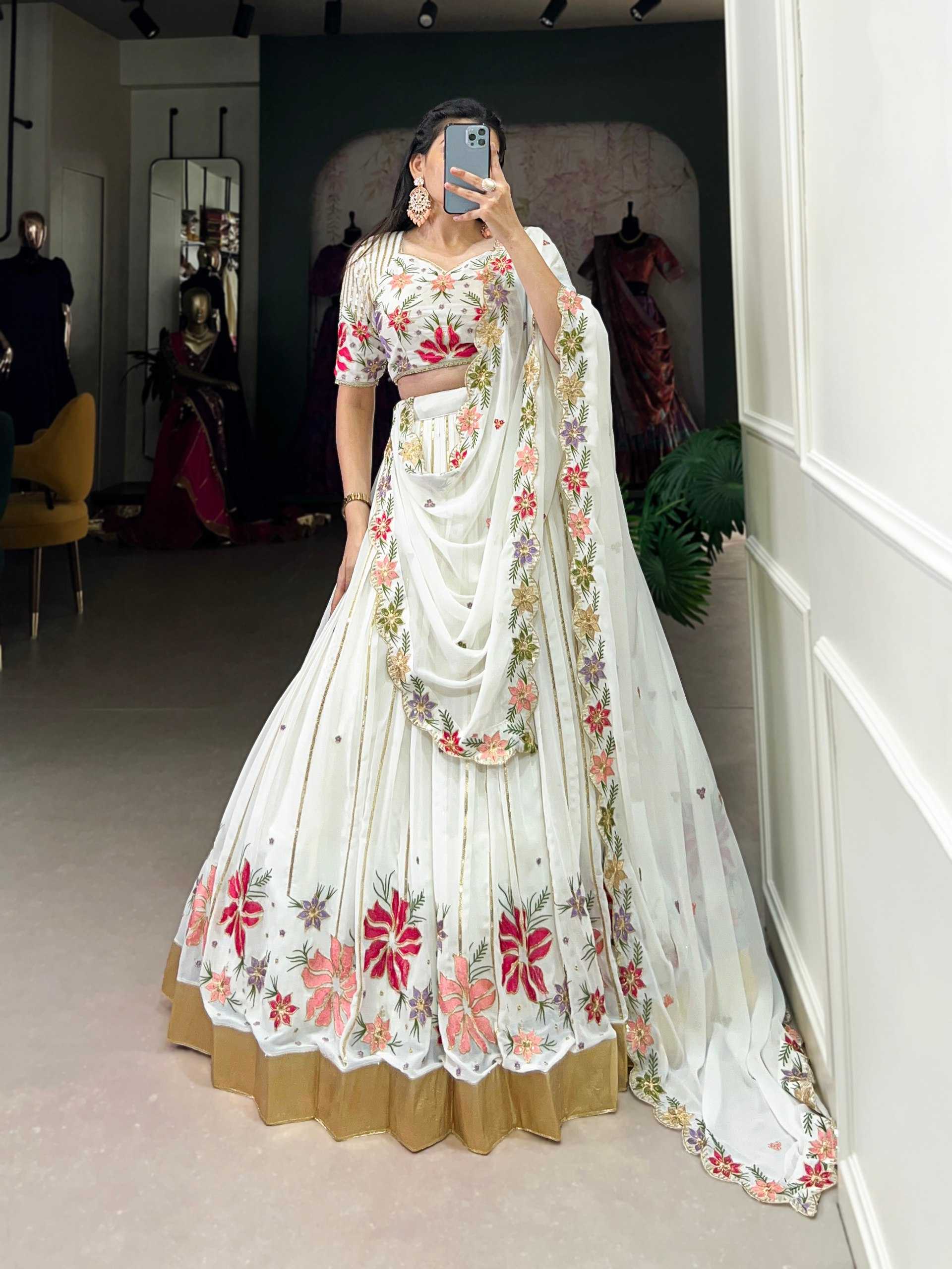 YNF GEOREGTTE KESH134 1413 LEHENGAS WHOLESALE EMBROIDERED GEOREGTTE SEQUNIS WHITE LEHENGAS MANUFACTURER- Kapda Export