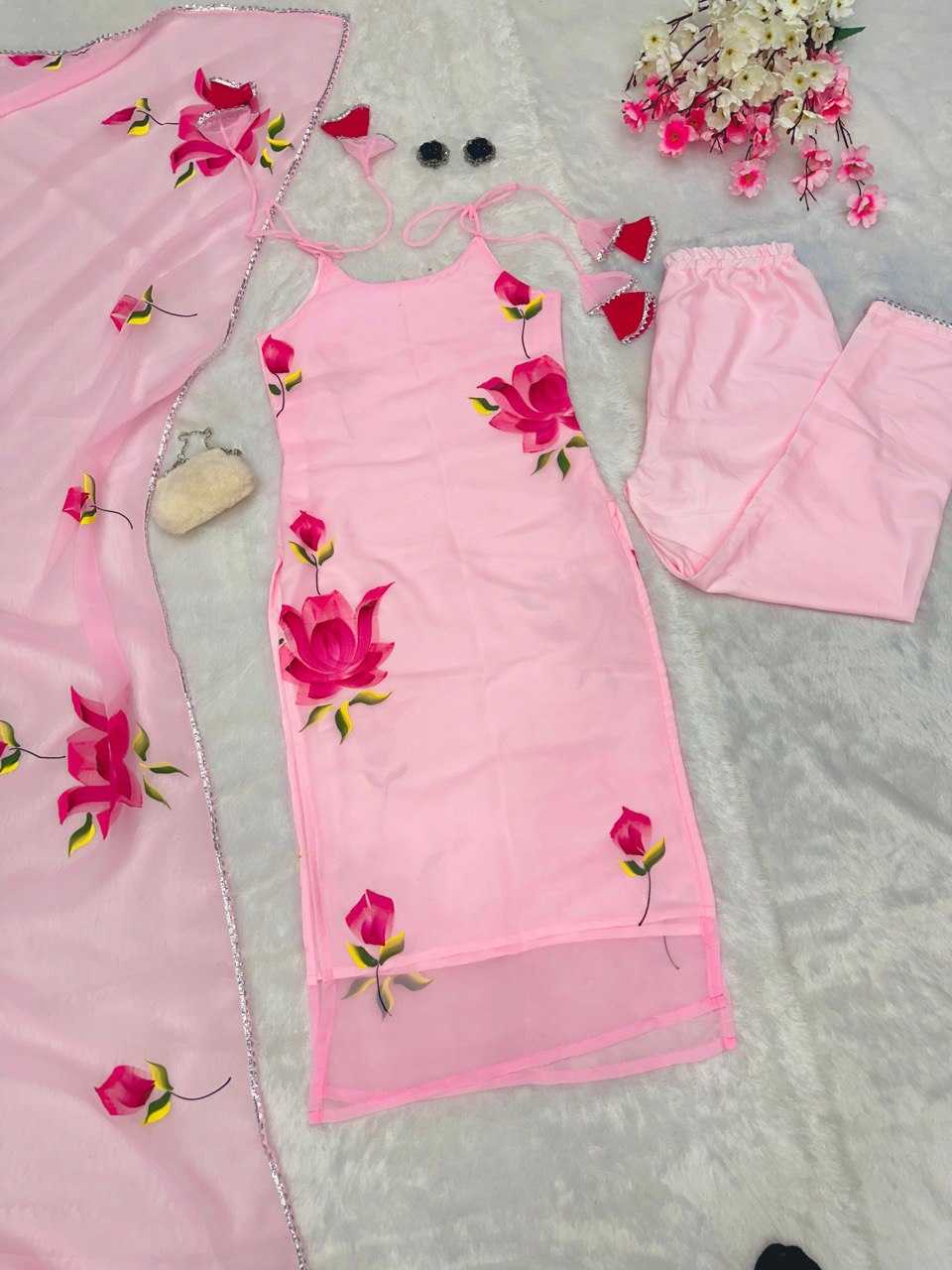 YNF GEORGETTE KESH154 259 SUITS & DRESSES WHOLESALE PRINTED GEORGETTE SLEEVELESS PINK SALWAR LONG KURTI SUITS MANUFACTURE- Kapda Export