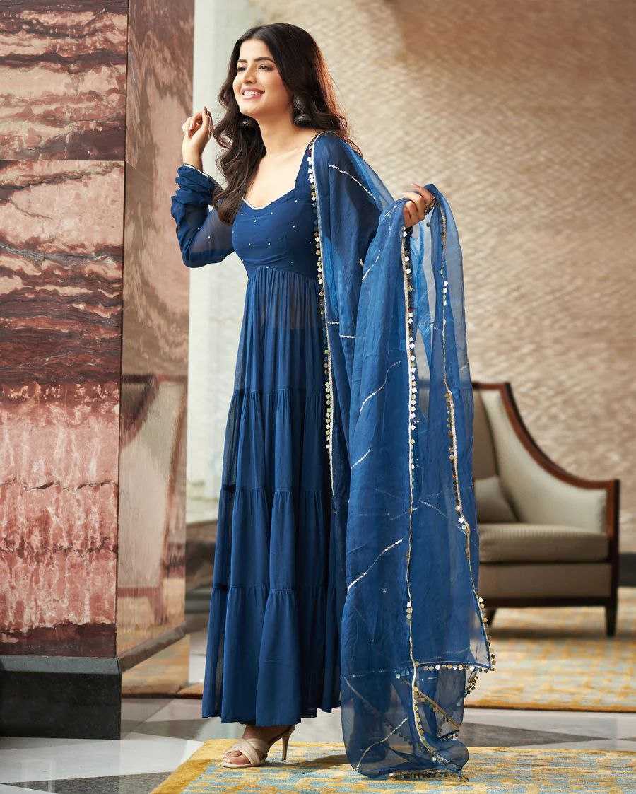 YNF GEORGETTE KESH154 GOWNS WHOLESALE BLUE GEORGETTE LONG GOWNS MANUFACTURER- Kapda Export