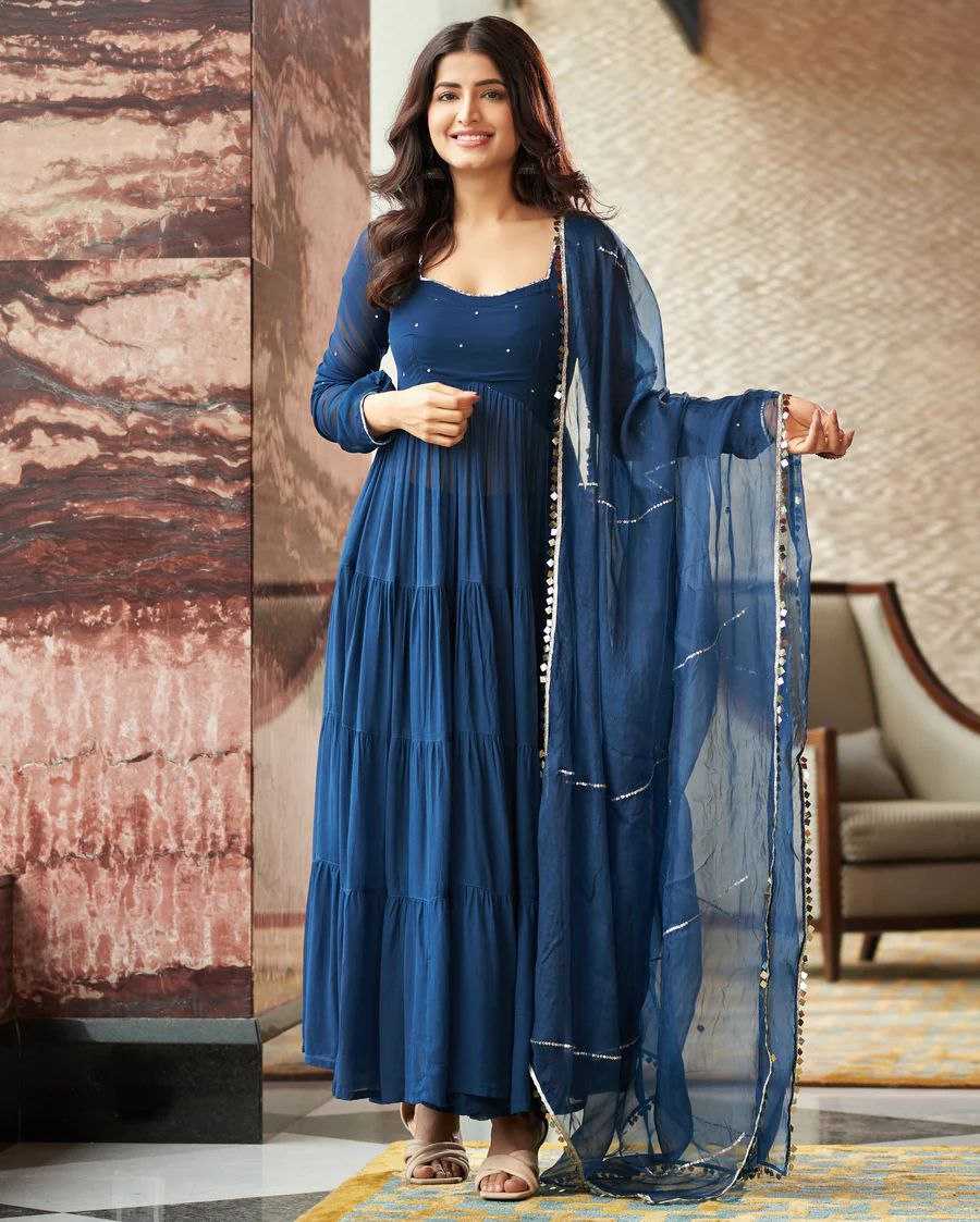 YNF GEORGETTE KESH154 GOWNS WHOLESALE BLUE GEORGETTE LONG GOWNS MANUFACTURER- Kapda Export