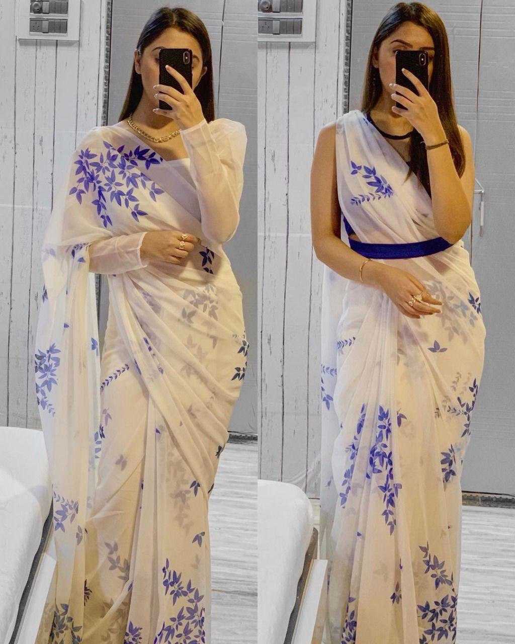 YNF GEORGETTE RIN119 4401 SAREES WHOLESALE GEORGETTE PRINTED WHITE SAREE WITH BELT SAREES MANUFACTURER- Kapda Export