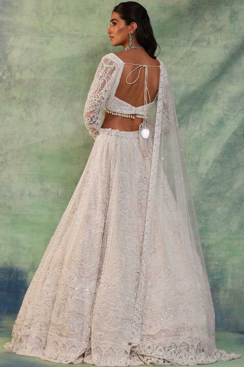 YNF GEORGETTE RIN121 1007 LEHENGAS WHOLESALE WEDDING DESIGNER EMBROIDERED NET FANCH SEQUNIS WHITE LEHENGAS MANUFACTURER- Kapda Export