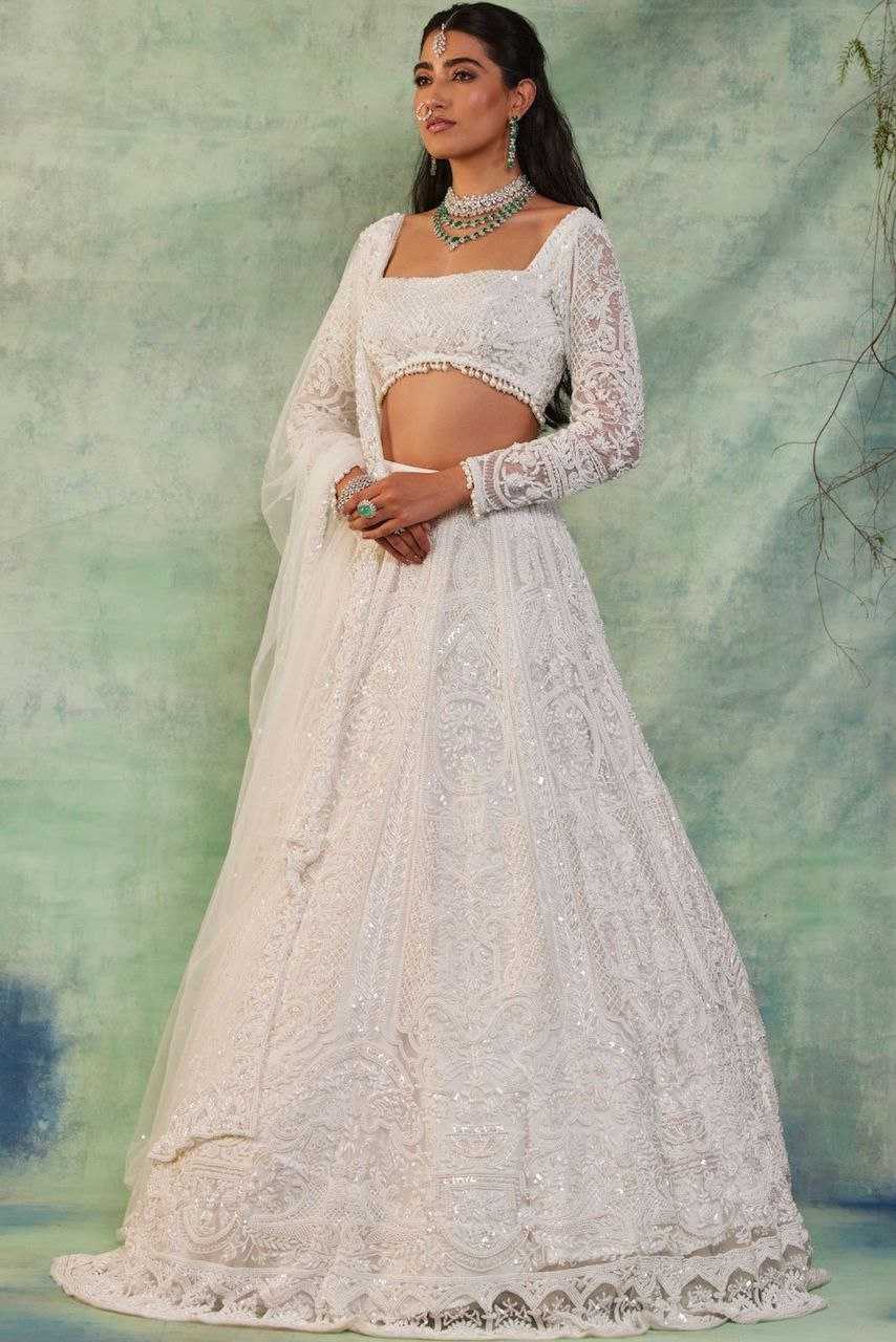 YNF GEORGETTE RIN121 1007 LEHENGAS WHOLESALE WEDDING DESIGNER EMBROIDERED NET FANCH SEQUNIS WHITE LEHENGAS MANUFACTURER- Kapda Export