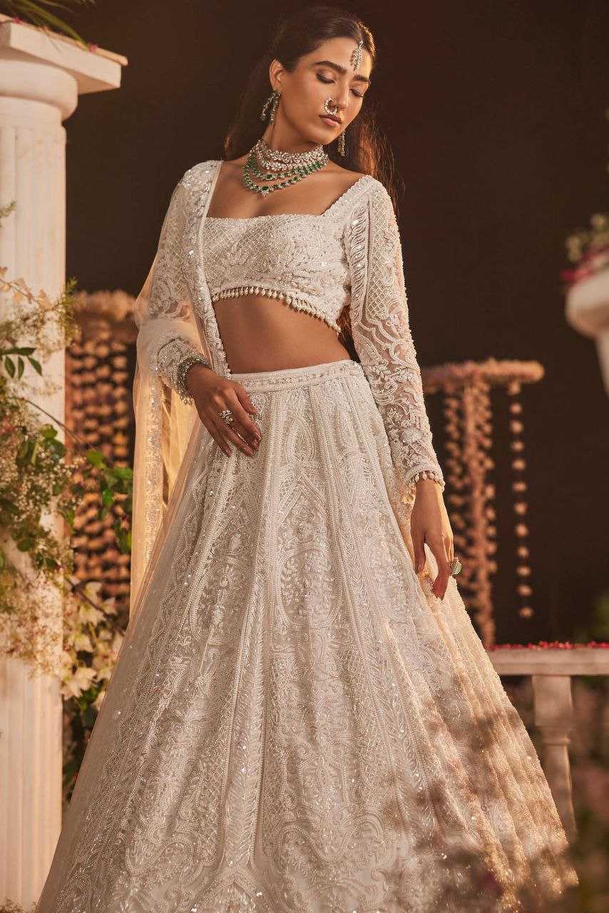 YNF GEORGETTE RIN121 1007 LEHENGAS WHOLESALE WEDDING DESIGNER EMBROIDERED NET FANCH SEQUNIS WHITE LEHENGAS MANUFACTURER- Kapda Export