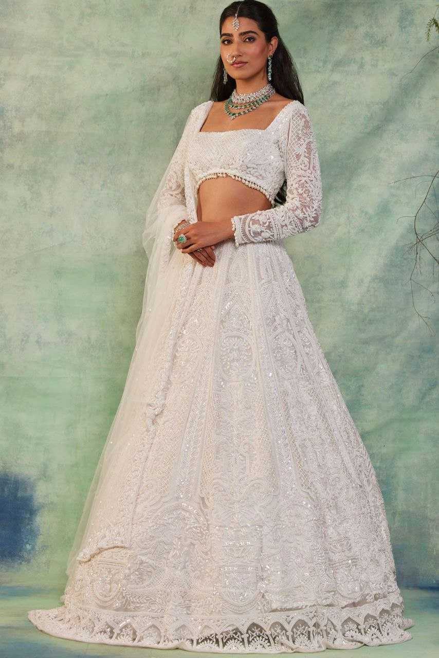 YNF GEORGETTE RIN121 1007 LEHENGAS WHOLESALE WEDDING DESIGNER EMBROIDERED NET FANCH SEQUNIS WHITE LEHENGAS MANUFACTURER- Kapda Export