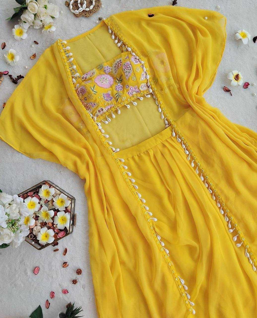 YNF GEORGETTE RIN181 1072 SUITS & DRESSES WHOLESALE INDO WESTERN GEORGETTE YELLOW HALDI SUITS MANUFACTURE- Kapda Export