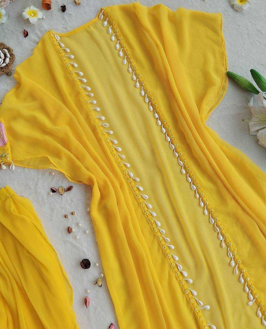 YNF GEORGETTE RIN181 1072 SUITS & DRESSES WHOLESALE INDO WESTERN GEORGETTE YELLOW HALDI SUITS MANUFACTURE- Kapda Export