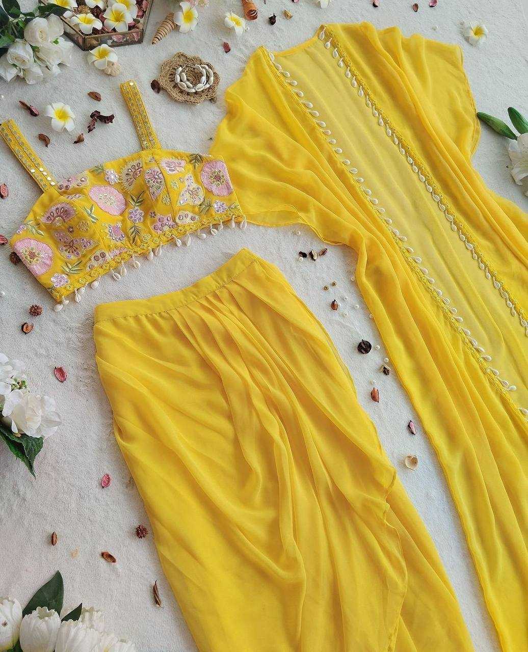 YNF GEORGETTE RIN181 1072 SUITS & DRESSES WHOLESALE INDO WESTERN GEORGETTE YELLOW HALDI SUITS MANUFACTURE- Kapda Export