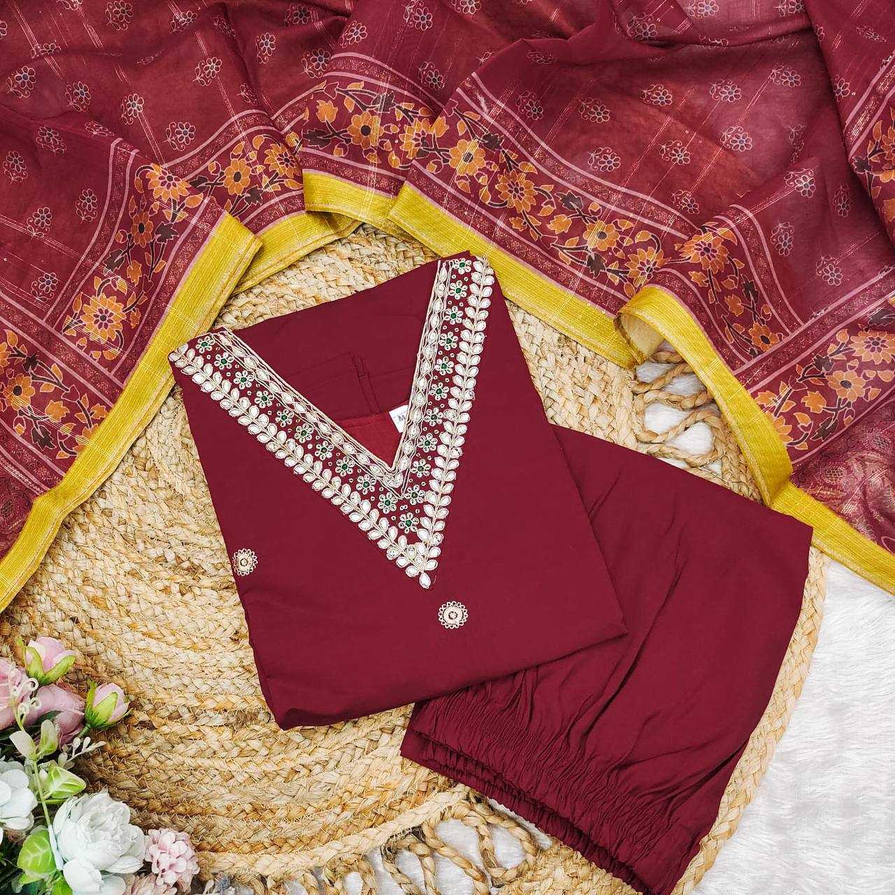 YNF HEAVY ROMAN SILK KESH211 LDY113 SUITS & DRESSES WHOLESALE LADIES SILK WEDDING MAROON SUITS MANUFACTURE- Kapda Export