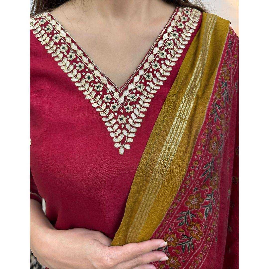 YNF HEAVY ROMAN SILK KESH211 LDY113 SUITS & DRESSES WHOLESALE LADIES SILK WEDDING MAROON SUITS MANUFACTURE- Kapda Export