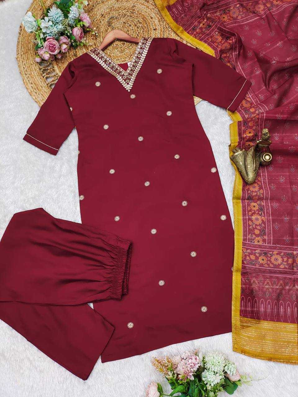 YNF HEAVY ROMAN SILK KESH211 LDY113 SUITS & DRESSES WHOLESALE LADIES SILK WEDDING MAROON SUITS MANUFACTURE- Kapda Export