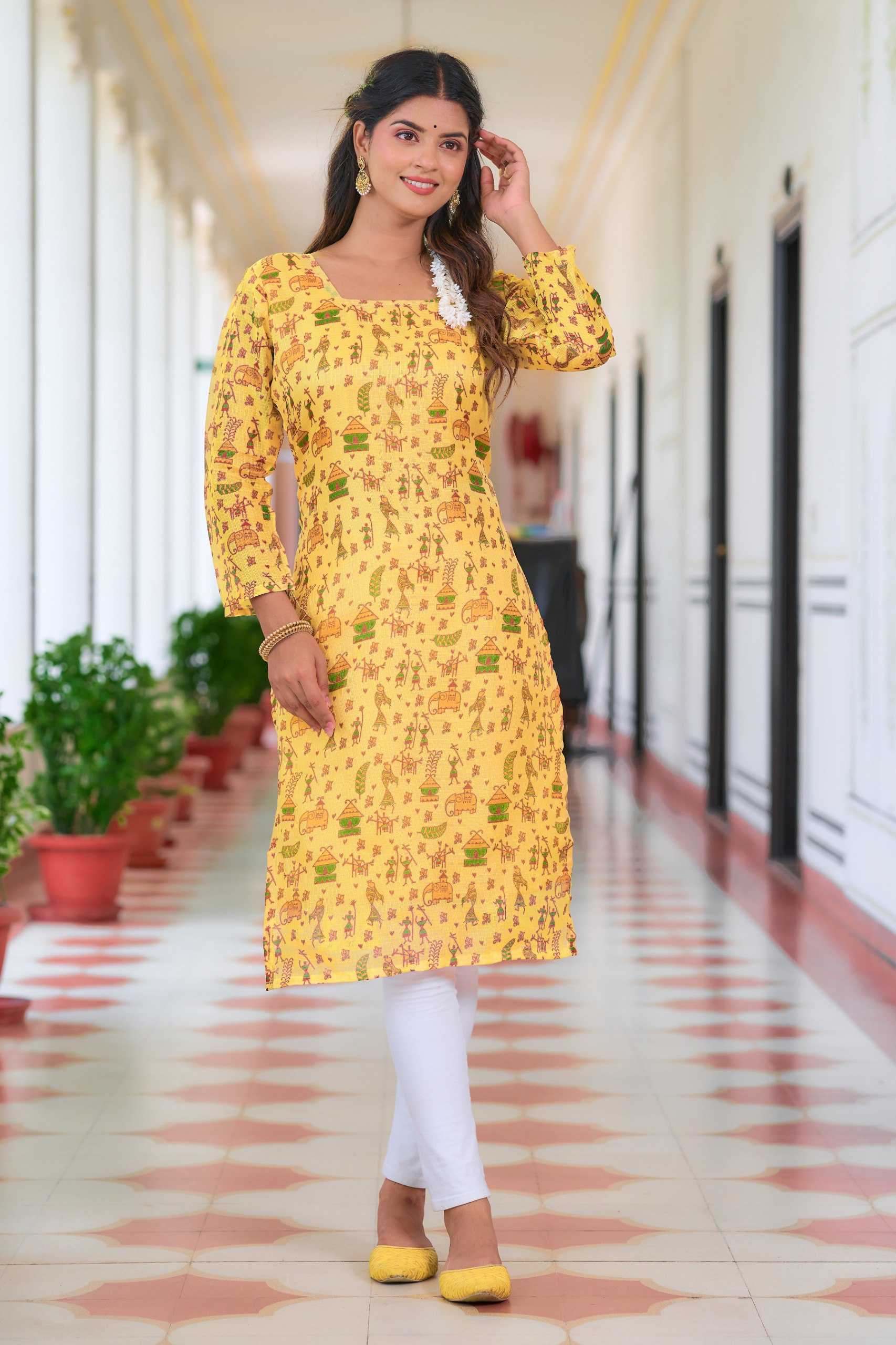 YNF KOTA CHEX KESH243 1037 KURTIS WHOLESALE PRINTED LADIES YELLOW FULL SLEEVE KURTIS MANUFACTURER- Kapda Export