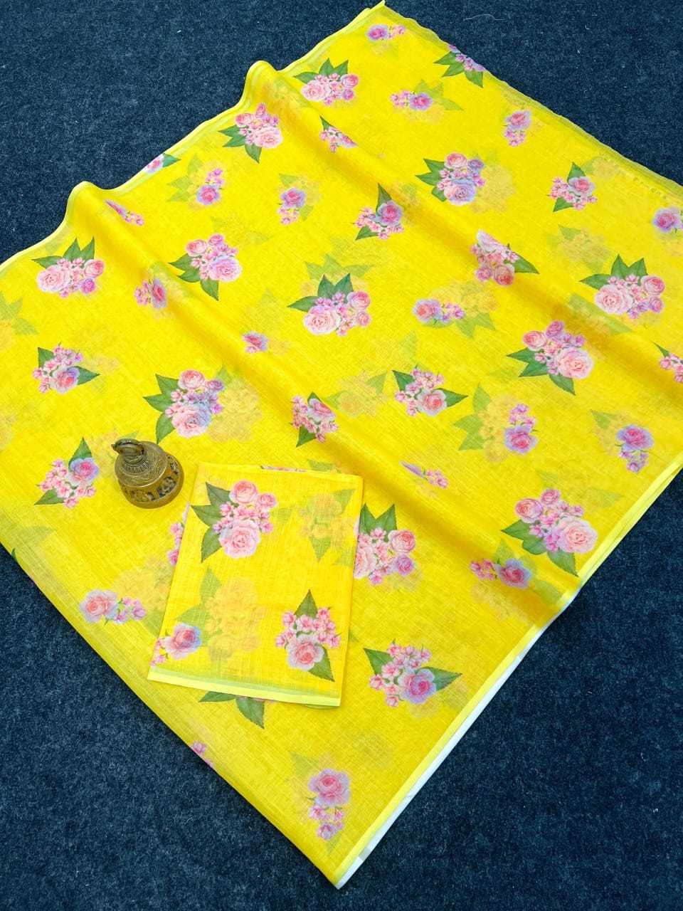 YNF LINEN KESH223 505 SAREES WHOLESALE YELLOW PRINTED LINEN SAREES MANUFACTURER- Kapda Export