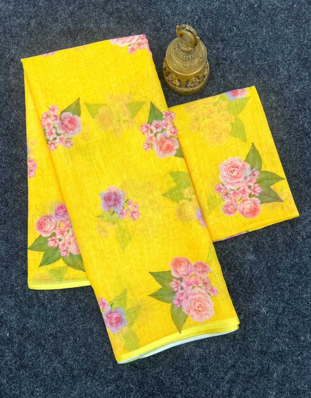 YNF LINEN KESH223 505 SAREES WHOLESALE YELLOW PRINTED LINEN SAREES MANUFACTURER- Kapda Export