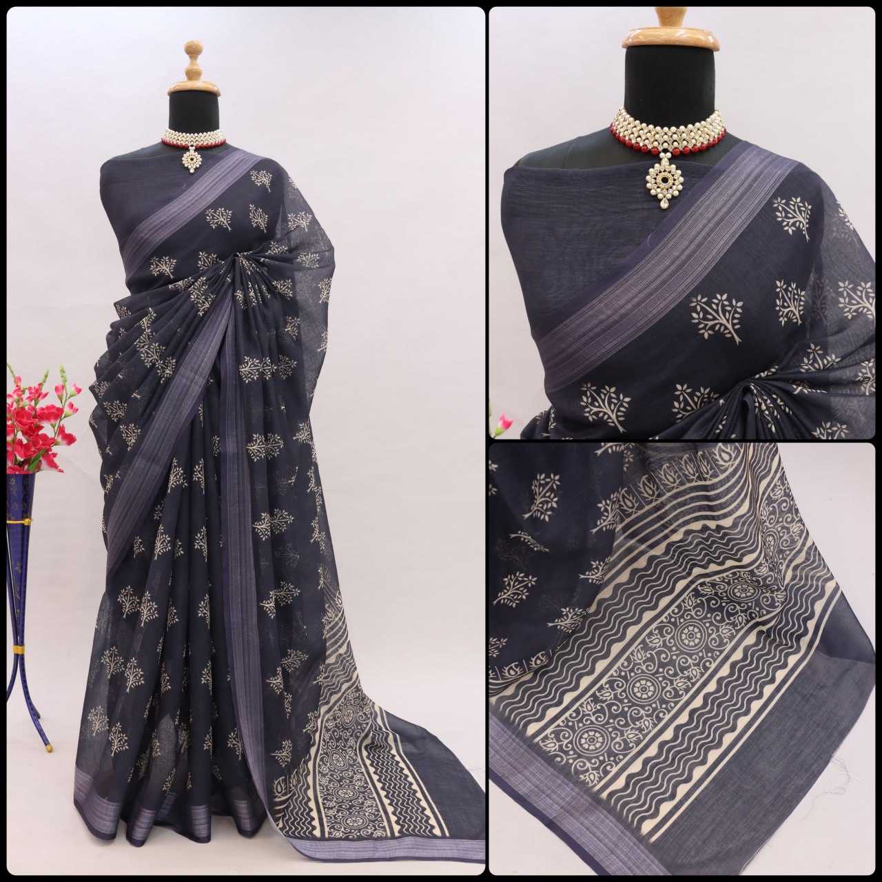 YNF LINEN KESH255 ETF03 SAREES WHOLESALE TRADITIONA PRINTED ZARI BORDER LINEN SAREES MANUFACTURER- Kapda Export