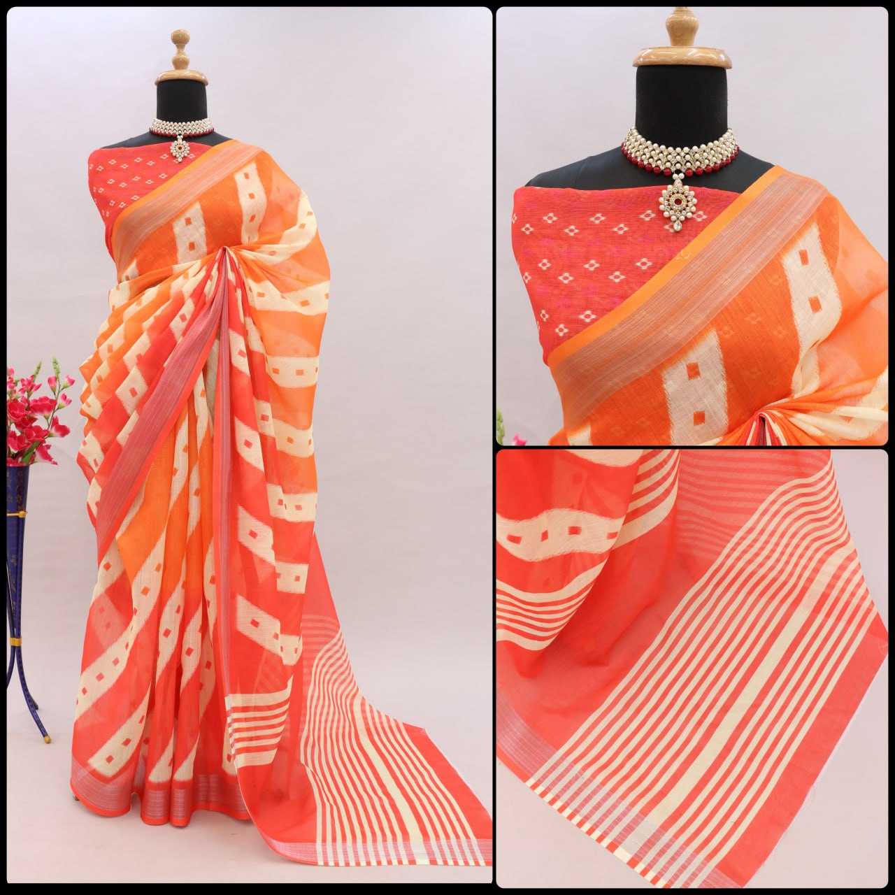 YNF LINEN KESH255 ETF03 SAREES WHOLESALE TRADITIONA PRINTED ZARI BORDER LINEN SAREES MANUFACTURER- Kapda Export