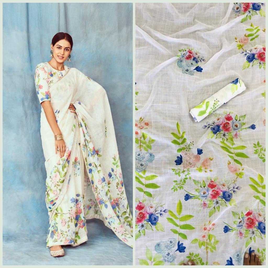 YNF LINEN RIN119 001 SAREES WHOLESALE PRINTED LADIES WHITE LINEN SAREES MANUFACTURER- Kapda Export