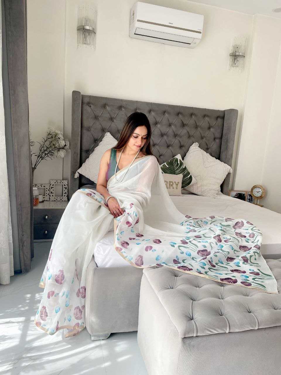 YNF LINEN RIN171 594 SAREES WHOLESALE PRINTED WHITE FLORAL LINEN SAREES MANUFACTURER- Kapda Export