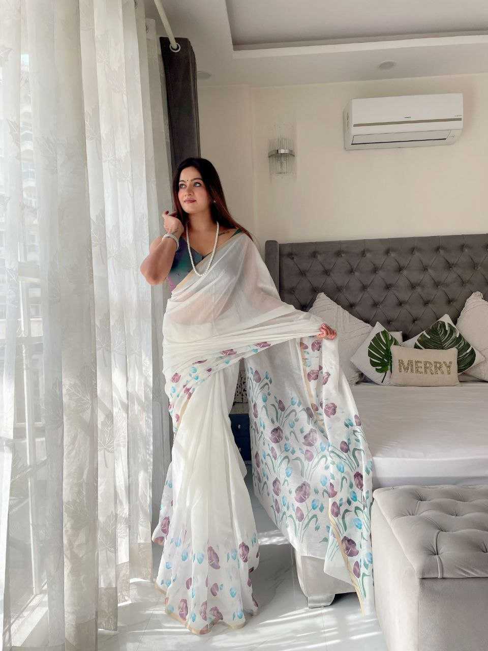 YNF LINEN RIN171 594 SAREES WHOLESALE PRINTED WHITE FLORAL LINEN SAREES MANUFACTURER- Kapda Export