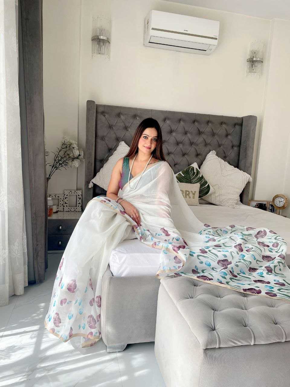 YNF LINEN RIN171 594 SAREES WHOLESALE PRINTED WHITE FLORAL LINEN SAREES MANUFACTURER- Kapda Export