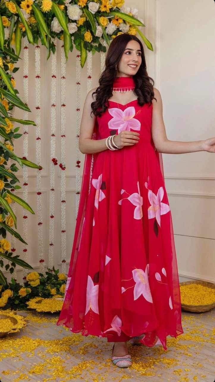 YNF ORGANZA KESH154 261 GOWNS WHOLESALE PINK ANARAKLI PRINTED SLEEVELESS GOWNS MANUFACTURER- Kapda Export