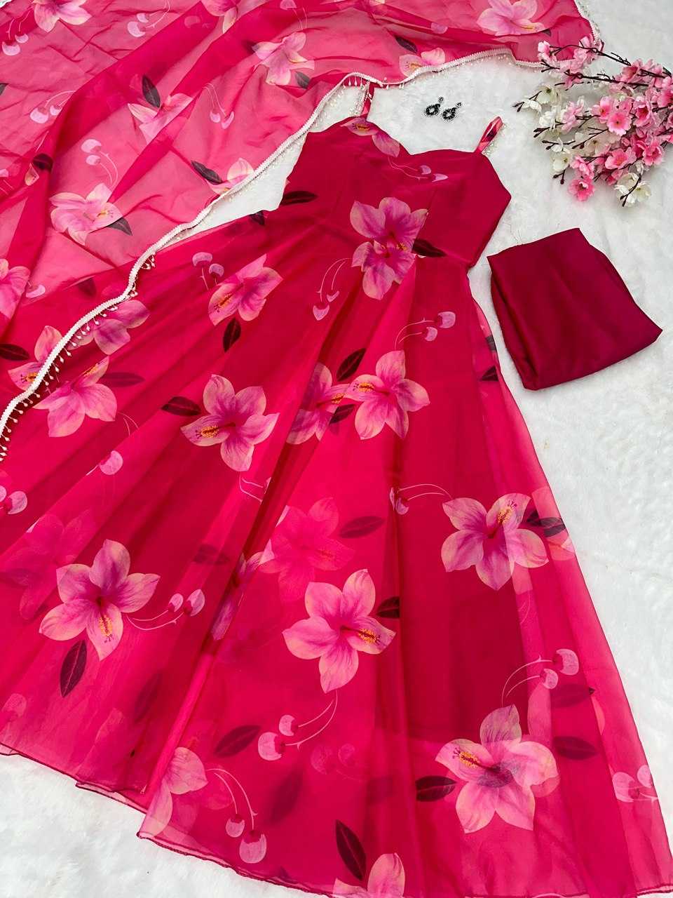 YNF ORGANZA KESH154 261 GOWNS WHOLESALE PINK ANARAKLI PRINTED SLEEVELESS GOWNS MANUFACTURER- Kapda Export