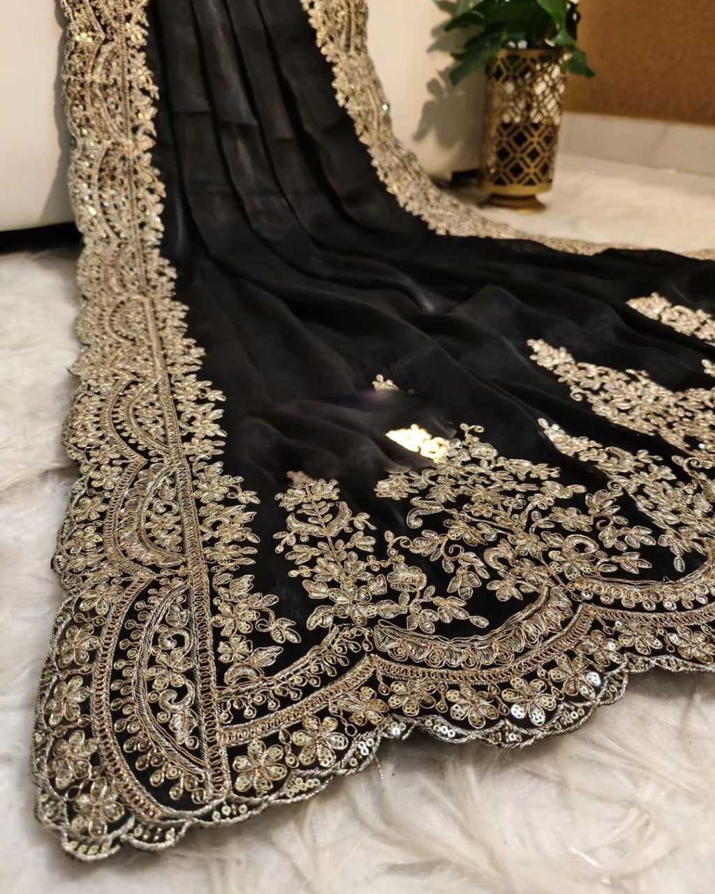 YNF ORGANZA RIN164 RRS101 SAREES WHOLESALE ORGANZA EMBROIDERED BLACK SAREES MANUFACTURER- Kapda Export