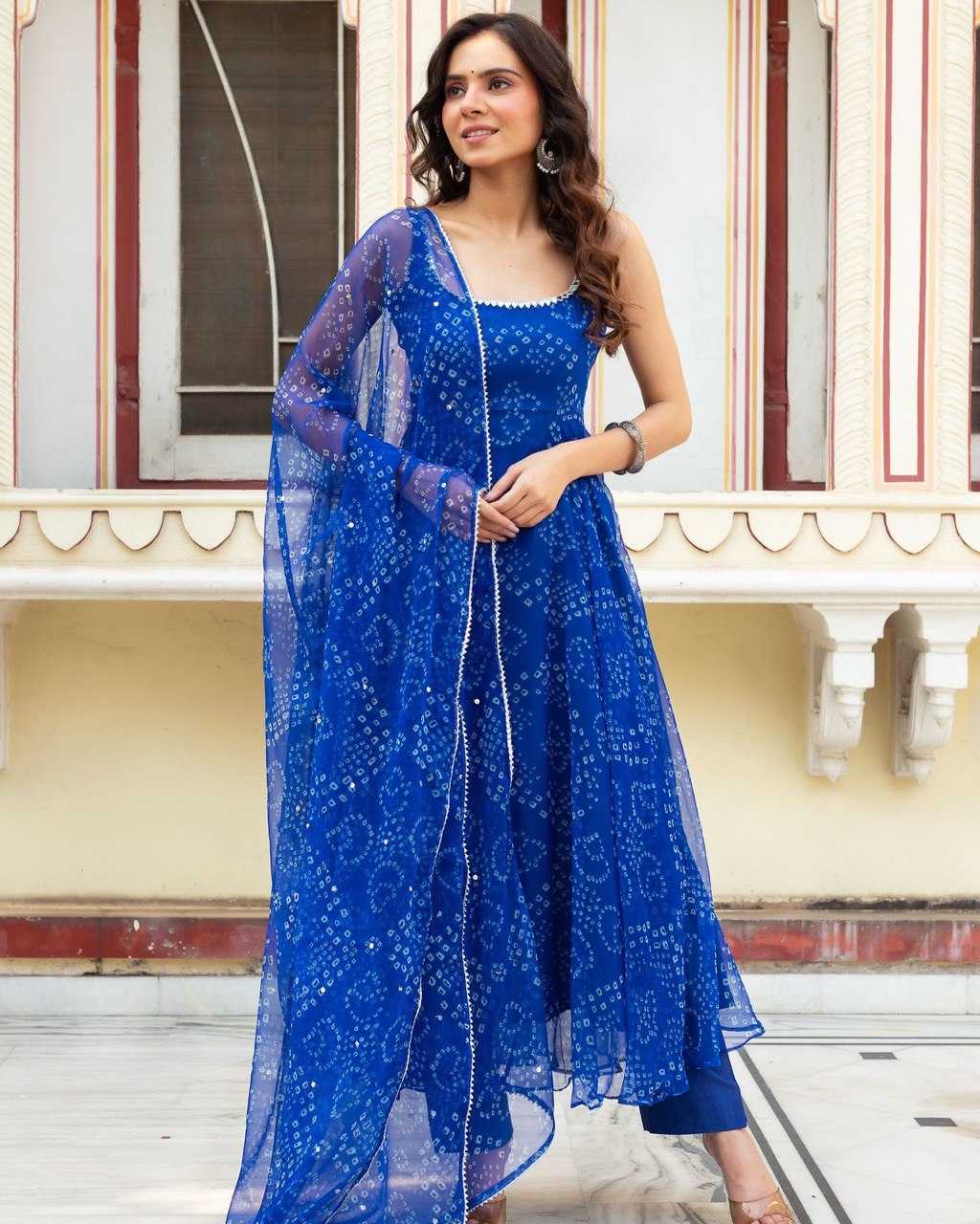 YNF ORGANZA SILK KESH154 262 GOWNS WHOLESALE BLUE ANARAKLI PRINTED SLEEVELESSGOWNS MANUFACTURER- Kapda Export