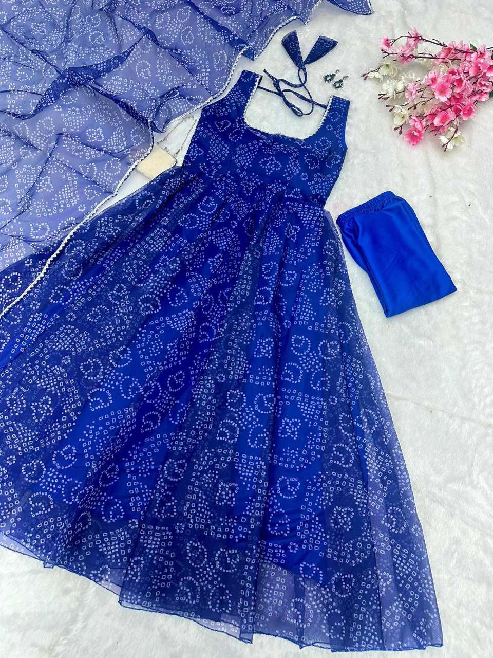 YNF ORGANZA SILK KESH154 262 GOWNS WHOLESALE BLUE ANARAKLI PRINTED SLEEVELESSGOWNS MANUFACTURER- Kapda Export