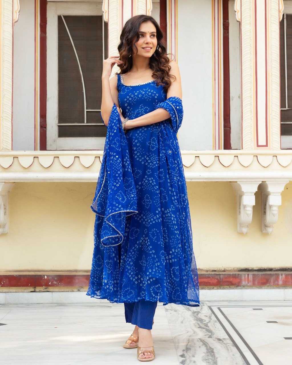 YNF ORGANZA SILK KESH154 262 GOWNS WHOLESALE BLUE ANARAKLI PRINTED SLEEVELESSGOWNS MANUFACTURER- Kapda Export