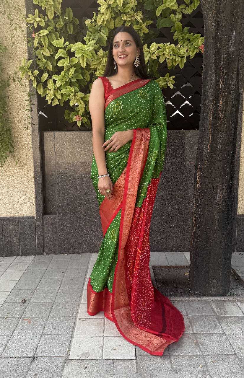 YNF SILK KESH117 RWC35 SAREES WHOLESALE SILK ZARI BORDER SILK BANDHANI GREEN SAREES MANUFACTURER- Kapda Export